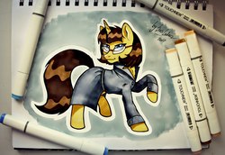 Size: 2560x1766 | Tagged: safe, artist:das_leben, oc, oc only, pony, unicorn, clothes, coat, female, glasses, mare, solo, traditional art