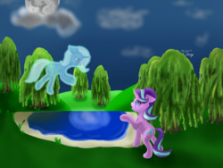 Size: 1600x1200 | Tagged: safe, artist:bleuey, starlight glimmer, trixie, pony, unicorn, g4, crying, dead, duo, feels, female, floating, mare, pond, sad, soul, spirit, weeping willow