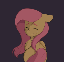 Size: 993x954 | Tagged: safe, artist:0ndshok, fluttershy, pegasus, pony, g4, crying, eyes closed, female, floppy ears, folded wings, looking at you, looking back, looking back at you, rear view, simple background, smiling, solo, teary eyes, turned head, wings