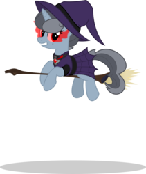 Size: 1024x1211 | Tagged: safe, artist:mlp-trailgrazer, oc, oc only, oc:nurse bloodlust, pony, unicorn, alicorn amulet, broom, dark magic, female, flying, flying broomstick, hat, magic, mare, nightmare night, simple background, solo, transparent background, witch, witch hat