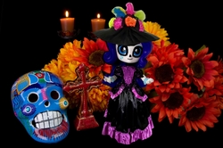 Size: 1200x797 | Tagged: safe, edit, rarity, equestria girls, g4, candle, catrina (calavera garbancera), cempasúchil, clothes, cross, dia de los muertos, doll, equestria girls minis, flower, holiday, irl, makeup, outfit, photo, skull, toy