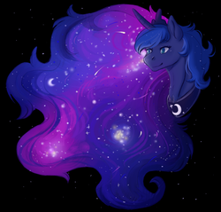 Size: 1000x956 | Tagged: safe, artist:1an1, princess luna, alicorn, pony, g4, black background, bust, collaboration, ethereal mane, female, galaxy mane, mare, moon, simple background, smiling, solo, space, starry mane, stars