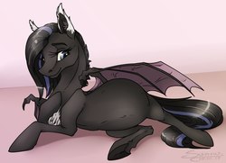 Size: 1378x1000 | Tagged: safe, artist:sunny way, oc, oc only, bat pony, pony, rcf community, abdominal bulge, belly, female, festral, lacrimal caruncle, pregnant, round belly, slender, solo, sternocleidomastoid, thin, wings