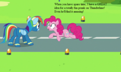 Size: 624x374 | Tagged: safe, edit, edited screencap, editor:korora, screencap, pinkie pie, rainbow dash, g4, secrets and pies, clothes, cropped, implied prank, implied thunderlane, track, uniform, wonderbolts uniform