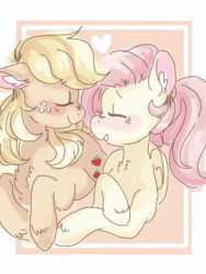 Size: 768x1024 | Tagged: safe, artist:cutebeerfloat, artist:supernoncutie, applejack, fluttershy, earth pony, pegasus, pony, g4, alternate hairstyle, blushing, chest fluff, ear fluff, eyes closed, female, folded wings, freckles, heart, lesbian, looking at each other, ponytail, prone, ship:appleshy, shipping, smiling, turned head, unshorn fetlocks