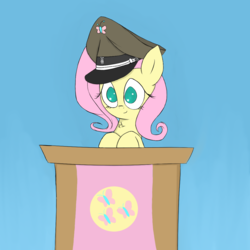 Size: 1100x1100 | Tagged: safe, artist:otherdrawfag, fluttershy, pegasus, pony, g4, cutie mark flag, dictator, fasces, fascism, flag, hat, looking at you, peaked cap, podium, simple background