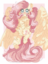 Size: 768x1024 | Tagged: safe, artist:cutebeerfloat, artist:supernoncutie, fluttershy, pegasus, pony, g4, belly fluff, cheek fluff, chest fluff, ear fluff, female, fluffershy, fluffy, heart eyes, hoof fluff, hooves to the chest, leg fluff, looking up, solo, spread wings, wing fluff, wingding eyes, wings