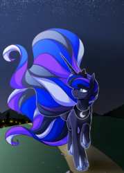 Size: 2500x3500 | Tagged: safe, artist:lrusu, princess luna, alicorn, pony, g4, female, high res, mare, multicolored hair, night, raised hoof, solo, stars, walking