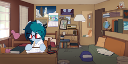 Size: 2224x1113 | Tagged: safe, artist:shinodage, oc, oc only, oc:delta vee, pony, bed, bedroom, blinds, book, calendar, can, clothes, comic, delta vee's junkyard, desk, desk lamp, female, flashback, glasses, globe, headphones, lamp, looking at each other, looking down, lying down, male, mare, mirror, mouth hold, pencil, pillow, plushie, poster, shelf, shirt, single panel, smiling, stallion, sweater, trash can, turtleneck, walkman, window, younger