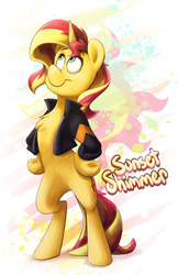 Size: 792x1224 | Tagged: safe, artist:luximus17, sunset shimmer, pony, unicorn, g4, bipedal, chest fluff, clothes, female, hooves on hips, jacket, looking up, mare, smiling, solo
