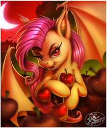 Size: 953x1134 | Tagged: safe, artist:14-bis, fluttershy, bat pony, pony, g4, apple, bat wings, chest fluff, crescent moon, fangs, female, flutterbat, food, hoof hold, lidded eyes, looking at you, moon, open mouth, race swap, red eyes, solo, spread wings, turned head, wings