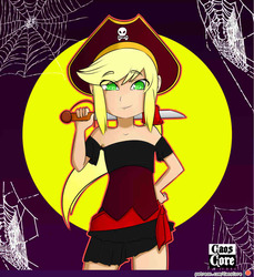 Size: 750x820 | Tagged: safe, artist:caoscore, applejack, equestria girls, g4, clothes, costume, female, halloween, hat, holiday, patreon, patreon logo, pirate hat, solo, spider web, sword, weapon