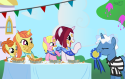 Size: 5060x3186 | Tagged: safe, artist:ironm17, cayenne, citrus blush, indian summer, pokey pierce, raspberry cream, pony, unicorn, g4, sisterhooves social, bandana, canterlot, clothes, eating contest, female, food, grin, happy, headcanon, pie, polo shirt, shirt, sisters, smiling, t-shirt