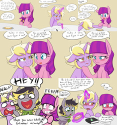 Size: 3000x3200 | Tagged: safe, artist:jake heritagu, dinky hooves, lily longsocks, oc, oc:aero, earth pony, pegasus, pony, unicorn, comic:ask motherly scootaloo, g4, blushing, book, clothes, colt, comic, danish, derp, dialogue, facedesk, female, food, high res, interrupted, lesbian, lidded eyes, looking at each other, male, offspring, older, older dinky hooves, older lily longsocks, open mouth, paper, parent:derpy hooves, parent:oc:warden, parents:canon x oc, parents:warderp, pastry, pencil, scarf, ship:dinkily, shipping, simple background, smiling, sugarcube corner, table, yellow background