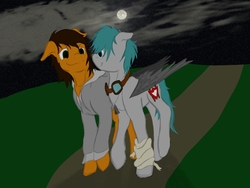 Size: 2000x1500 | Tagged: safe, artist:speedpaintthegod, oc, oc only, oc:chainmail, oc:neat sketch scribble, earth pony, pegasus, pony, bandage, bladed wings, clothes, cutie mark, dog tags, gay, goggles, hoodie, male, moon, night, night sky, oc x oc, prosthetic wing, shipping, sky, stars
