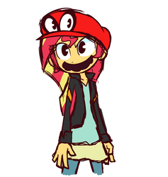 Size: 964x1017 | Tagged: safe, artist:lilboulder, sunset shimmer, equestria girls, g4, cappy (mario), clothes, colored sketch, crossover, facial hair, female, hat, jacket, moustache, simple background, solo, super mario odyssey, white background