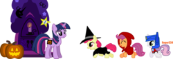 Size: 11536x3980 | Tagged: safe, artist:roger334, apple bloom, scootaloo, sweetie belle, twilight sparkle, earth pony, pegasus, pony, unicorn, g4, clothes, costume, cutie mark crusaders, decoration, fake cutie mark, female, filly, foal, golden oaks library, halloween, holiday, jack-o-lantern, little red riding hood, mare, mare in the moon, moon, nightmare night, optimus prime, pumpkin, simple background, transparent background, trick or treat, unicorn twilight, witch