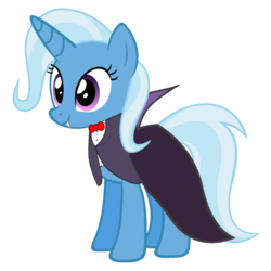 Size: 1294x1296 | Tagged: safe, artist:kingdark0001, edit, vector edit, trixie, pony, unicorn, vampire, g4, 80s, bowtie, cape, clothes, count duckula, cute, danger mouse, diatrixes, female, halloween, holiday, mare, parody, simple background, solo, transparent background, vector, vegetarian