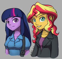 Size: 892x847 | Tagged: safe, artist:gabbslines, sunset shimmer, twilight sparkle, equestria girls, g4, clothes, looking at you, simple background, smiling