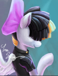Size: 669x884 | Tagged: safe, artist:treesway, songbird serenade, g4, my little pony: the movie, bow, clothes, female, gradient background, hair over eyes, open mouth, raised hoof, solo, wings