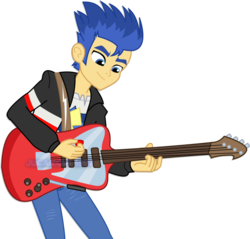 Size: 1600x1531 | Tagged: safe, artist:jucamovi1992, flash sentry, equestria girls, g4, clothes, guitar, guitar pick, male, musical instrument, pants, playing, simple background, solo, transparent background