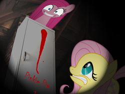 Size: 3648x2736 | Tagged: safe, artist:sb1991, part of a set, fluttershy, pinkie pie, pony, g4, attic, high res, lightning, not blood, pinkamena diane pie, red paint, scared, stare, stare down, story included