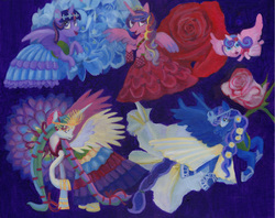 Size: 6000x4756 | Tagged: safe, artist:kelseyleah, princess cadance, princess celestia, princess flurry heart, princess luna, twilight sparkle, alicorn, pony, g4, absurd resolution, clothes, dress, flower, painting, traditional art, twilight sparkle (alicorn)