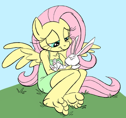 Size: 960x901 | Tagged: safe, artist:clovershroom, artist:kuroi-wolf, angel bunny, fluttershy, anthro, plantigrade anthro, g4, barefoot, feet