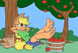 Size: 1280x871 | Tagged: safe, artist:clovershroom, artist:kuroi-wolf, color edit, edit, applejack, earth pony, anthro, plantigrade anthro, g4, barefoot, colored, cowboy hat, feet, female, hat, solo