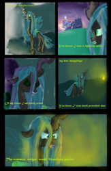 Size: 2008x3071 | Tagged: safe, artist:mr100dragon100, queen chrysalis, changeling, g4, cave, comic, hellfire, high res, sunset, the hunchback of notre dame, twilight's castle