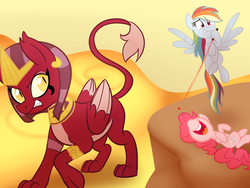 Size: 1024x768 | Tagged: dead source, safe, artist:wubcakeva, pinkie pie, rainbow dash, the sphinx, earth pony, pegasus, pony, sphinx, daring done?, g4, angry, behaving like a cat, eyeshadow, flying, jewelry, kitty sphinx, laser pointer, laughing, looking at you, lying down, makeup, on back, open mouth, prank, prankster dash, slit pupils, spread wings, this will not end well, wings
