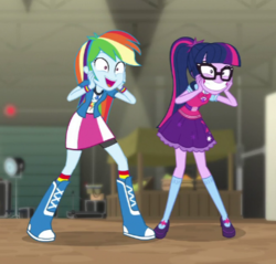 Size: 435x416 | Tagged: safe, screencap, rainbow dash, sci-twi, twilight sparkle, equestria girls, equestria girls specials, g4, movie magic, big smile, boots, clothes, cropped, excited, faic, female, grin, rainbow socks, shoes, smiling, socks, striped socks