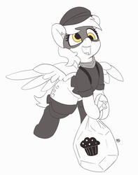 Size: 4183x5306 | Tagged: safe, alternate version, artist:pabbley, derpy hooves, pegasus, pony, g4, absurd resolution, female, mare, mask, muffin thief, partial color, simple background, smiling, solo