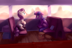 Size: 4000x2666 | Tagged: safe, artist:lilfunkman, rarity, twilight sparkle, pony, unicorn, fanfic:the last train home, g4, canterlot, duo, duo female, fanfic, fanfic art, fanfic cover, female, lesbian, mare, ship:rarilight, shipping, slice of life, train, unicorn twilight