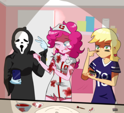 Size: 2750x2500 | Tagged: safe, artist:noahther, applejack, pinkie pie, rainbow dash, equestria girls, g4, american football, cellphone, clothes, ghostface, halloween, high res, holiday, indianapolis colts, nfl, nurse, phone, scream mask, smartphone, sports, table