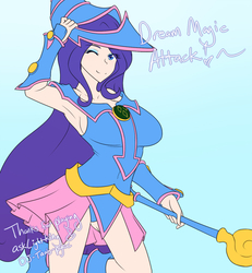 Size: 1280x1387 | Tagged: safe, artist:jonfawkes, rarity, human, series:nightmare war, g4, armpits, breasts, clothes, cosplay, costume, dark magician girl, dialogue, female, humanized, looking at you, one eye closed, simple background, smiling, solo, yu-gi-oh!
