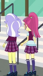 Size: 286x501 | Tagged: safe, screencap, sour sweet, upper crust, equestria girls, g4, my little pony equestria girls: friendship games, clothes, cropped, crystal prep academy uniform, female, high heels, pleated skirt, ponytail, rear view, school uniform, shoes, skirt, socks