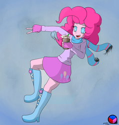 Size: 1280x1347 | Tagged: safe, artist:genericmlp, pinkie pie, equestria girls, g4, autumn, boots, clothes, female, fingerless gloves, gloves, open mouth, scarf, shoes, skirt, solo