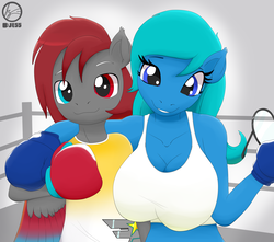 Size: 3400x3000 | Tagged: safe, artist:jessesmash32, oc, oc only, oc:nina dasher, oc:shadow flare, pegasus, anthro, bipedal, boxer, boxing, boxing gloves, boxing ring, breasts, clothes, glasses, heterochromia, high res, hug, midriff, smiling, sports, sports bra