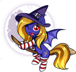 Size: 1394x1308 | Tagged: safe, alternate character, alternate version, artist:xwhitedreamsx, oc, oc only, oc:butter cream, bat pony, bat pony oc, bat wings, broom, clothes, commission, cute, female, flying, flying broomstick, happy halloween, hat, looking at you, mare, moon, one eye closed, simple background, socks, striped socks, transparent background, wink, witch hat, ych result