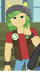 Size: 305x552 | Tagged: safe, screencap, sandalwood, equestria girls, g4, my little pony equestria girls: friendship games, background human, cropped, looking at you, male, smiling, solo, thumbs up