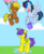 Size: 600x723 | Tagged: safe, artist:fionnadash501, oc, oc only, oc:orion galaxy, oc:pizza frenzy, oc:thunder clash, alicorn, earth pony, pegasus, pony, alicorn oc, balloon, bucket, ear fluff, ice bucket challenge, laughing, male, offspring, parent:cheese sandwich, parent:flash sentry, parent:pinkie pie, parent:rainbow dash, parent:soarin', parent:twilight sparkle, parents:cheesepie, parents:flashlight, parents:soarindash, prank, puddle, stallion, unamused, wet, wet mane