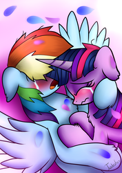 Size: 2480x3507 | Tagged: safe, artist:twidasher, rainbow dash, twilight sparkle, pegasus, pony, unicorn, g4, blushing, chest fluff, crying, duo, eyes closed, eyeshadow, female, floppy ears, high res, lesbian, makeup, mare, open mouth, sad, ship:twidash, shipping, spread wings, wavy mouth, wings