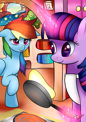 Size: 2480x3507 | Tagged: safe, artist:twidasher, rainbow dash, twilight sparkle, pegasus, pony, unicorn, g4, apron, bags under eyes, bed, bookshelf, clothes, cooking, duo, female, food, frying pan, golden oaks library, high res, lesbian, looking at each other, magic, pancakes, raised hoof, ship:twidash, shipping, sleepy, smiling, telekinesis