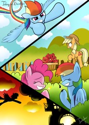 Size: 2480x3507 | Tagged: safe, artist:twidasher, applejack, pinkie pie, rainbow dash, twilight sparkle, earth pony, pegasus, pony, g4, apple, bush, cloud, cloudy, comic, cowboy hat, eyes closed, female, flying, food, golden oaks library, hat, high res, lesbian, open mouth, prank, rainbow trail, raised hoof, ship:twidash, shipping, smiling, sunset, tree
