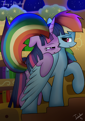 Size: 2480x3507 | Tagged: safe, artist:twidasher, rainbow dash, twilight sparkle, pegasus, pony, unicorn, g4, bookshelf, carrying, duo, female, golden oaks library, high res, lesbian, lidded eyes, looking at you, night, open mouth, raised hoof, ship:twidash, shipping, sleepy, smiling, stairs, tired