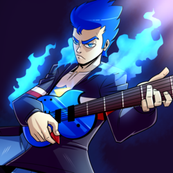 Size: 1920x1920 | Tagged: safe, artist:imskull, flash sentry, equestria girls, g4, bad guitar anatomy, clothes, electric guitar, fire, guitar, jacket, looking at you, male, musical instrument, serious, serious face, shirt, solo