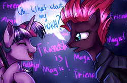 Size: 2500x1633 | Tagged: dead source, safe, artist:not-ordinary-pony, tempest shadow, twilight sparkle, alicorn, pony, unicorn, g4, my little pony: the movie, broken horn, dialogue, duo, eyes closed, female, horn, mare, night, open mouth, smiling, speech bubble, stars, twilight sparkle (alicorn)