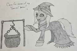 Size: 3976x2660 | Tagged: safe, artist:nightwind-arts, oc, oc only, oc:last call, pony, unicorn, cauldron, clothes, costume, halloween, halloween costume, hat, high res, holiday, monochrome, nightmare night, nightmare night costume, sketch, solo, standing, traditional art, witch, witch hat