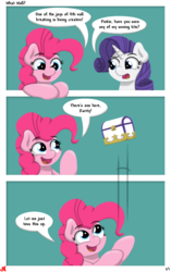 Size: 865x1375 | Tagged: safe, artist:ljdamz1119, pinkie pie, rarity, pony, g4, comic, dialogue, fourth wall destruction, simple background, speech bubble